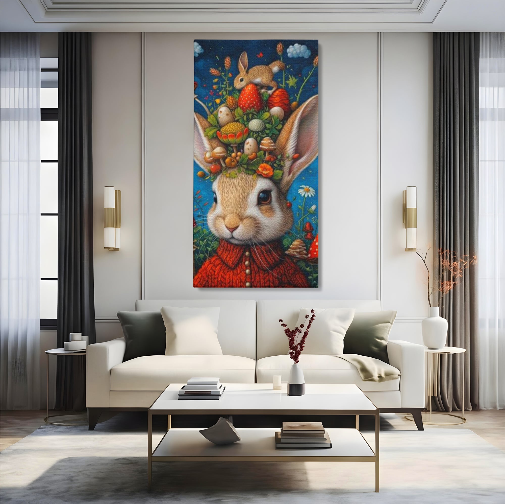 Tablou canvas cu tablou canvas cu iepuras fantastico-forestier, fara rama, pe sasiu de lemn, pe perete intr-un living